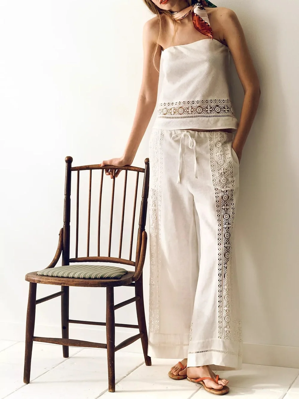 Anthropologie - RARE White Linen Lace Pull-On Pants